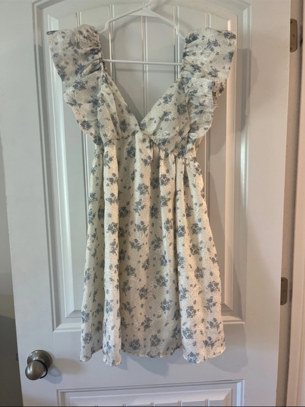 Girls Ruffle Sleeve Floral Dress - Cream with Blue Floral
